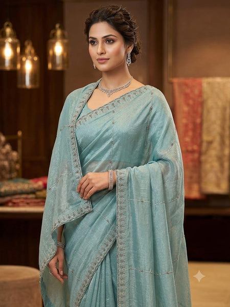 Powder Blue Soft Tissue Organza Designer Saree