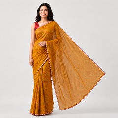 Mustard Yellow Bandhani Print Viscose Georgette Saree