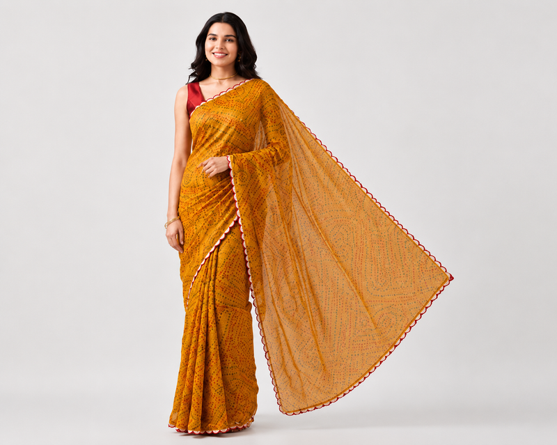 Mustard Yellow Bandhani Print Viscose Georgette Saree