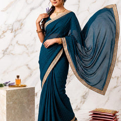 Teal Blue Designer Georgette Stone Work Saree