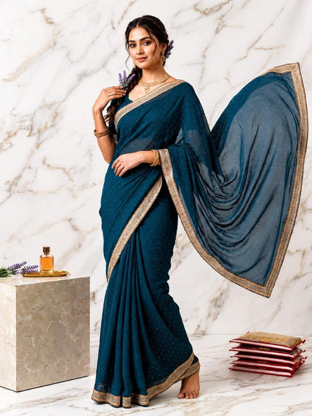 Teal Blue Designer Georgette Stone Work Saree