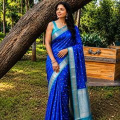 Royal Blue Silver Zari Soft Organza Saree