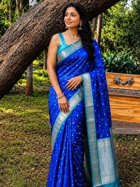 Royal Blue Silver Zari Soft Organza Saree