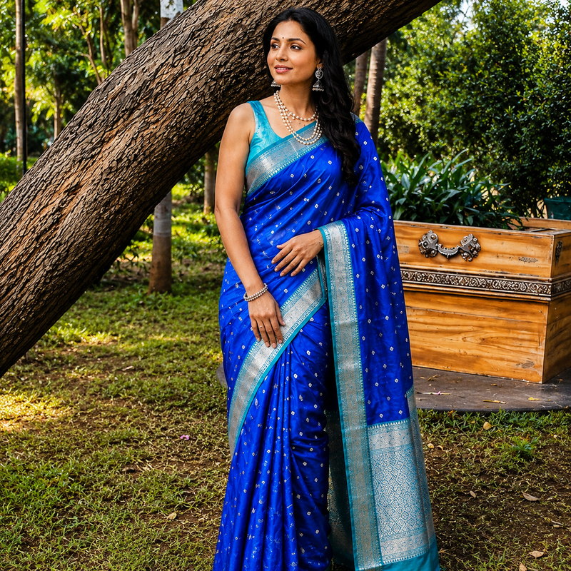 Royal Blue Silver Zari Soft Organza Saree