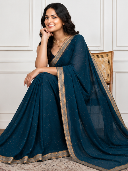 Teal Blue Designer Georgette Stone Work Saree