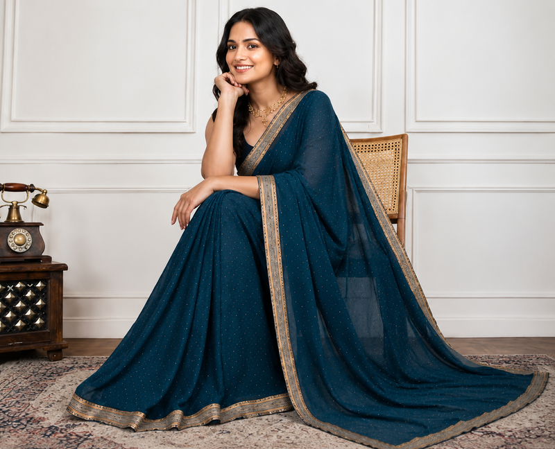 Teal Blue Designer Georgette Stone Work Saree