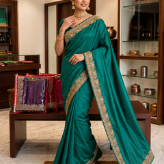 Emerald Green Tissue Silk Saree with Designer Embroidered Border
