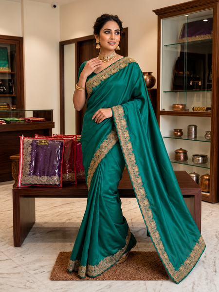 Emerald Green Tissue Silk Saree with Designer Embroidered Border
