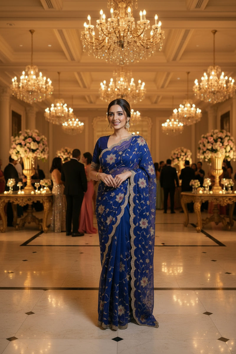 Aqua Blue Floral Embroidered Zalwar Chiffon Saree