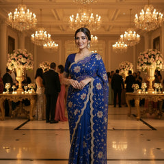 Aqua Blue Floral Embroidered Zalwar Chiffon Saree