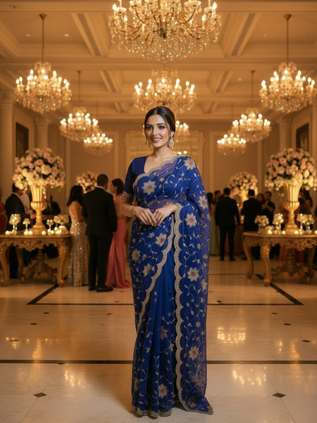 Aqua Blue Floral Embroidered Zalwar Chiffon Saree