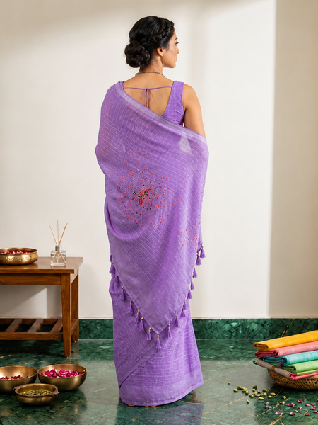 Lavender Linen Cotton Blend Embroidered Saree