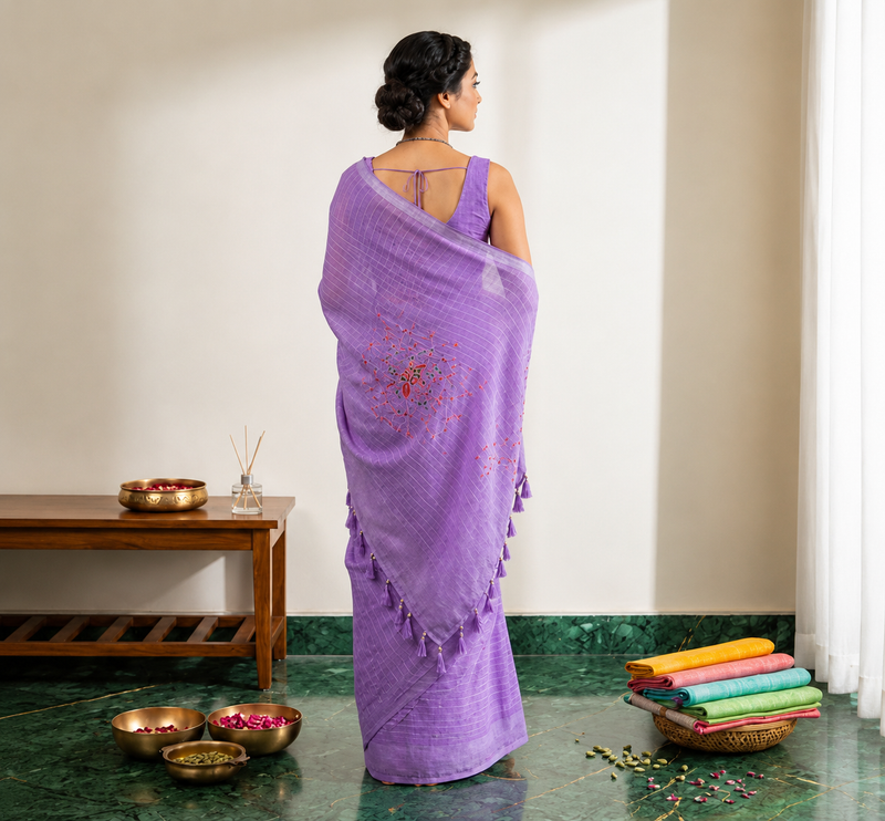 Lavender Linen Cotton Blend Embroidered Saree