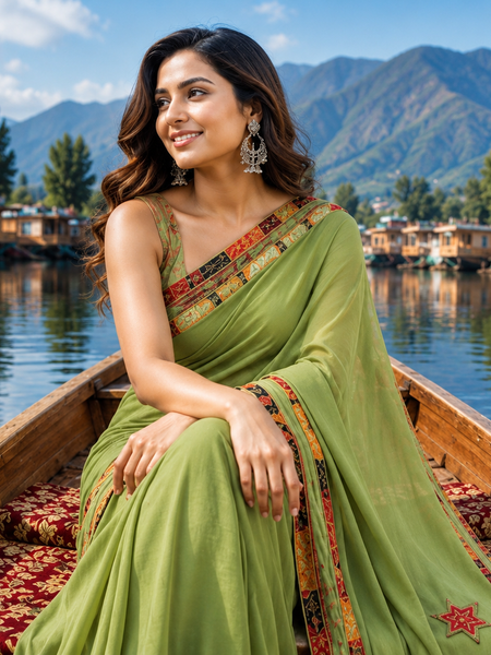 Women's Olive Green Fox Georgette Saree with Designer Border