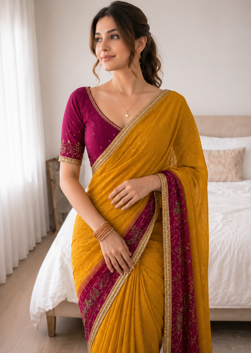Rangmahal Kanak Mustard Yellow & Wine Embroidered Faux Georgette Saree