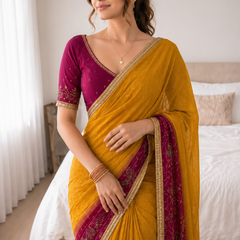Rangmahal Kanak Mustard Yellow & Wine Embroidered Faux Georgette Saree