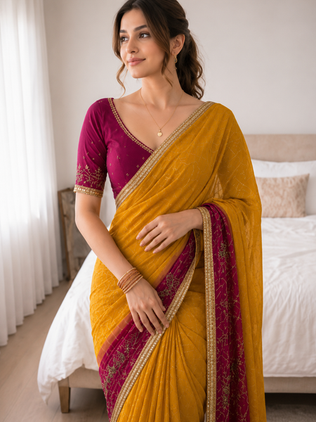 Rangmahal Kanak Mustard Yellow & Wine Embroidered Faux Georgette Saree