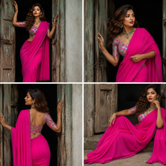 Parrot Green Plain Chiffon Saree with Designer Blouse