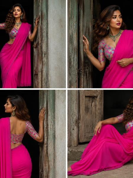 Parrot Green Plain Chiffon Saree with Designer Blouse