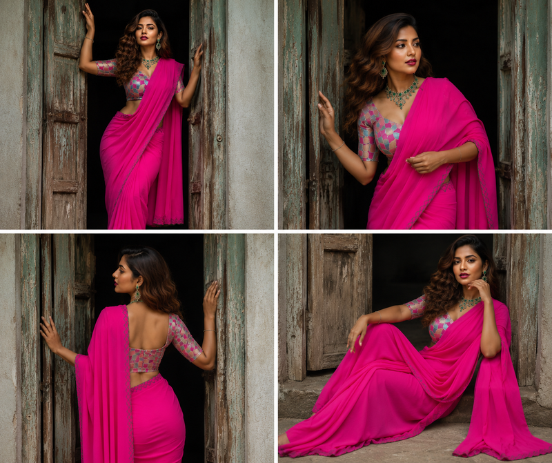 Parrot Green Plain Chiffon Saree with Designer Blouse