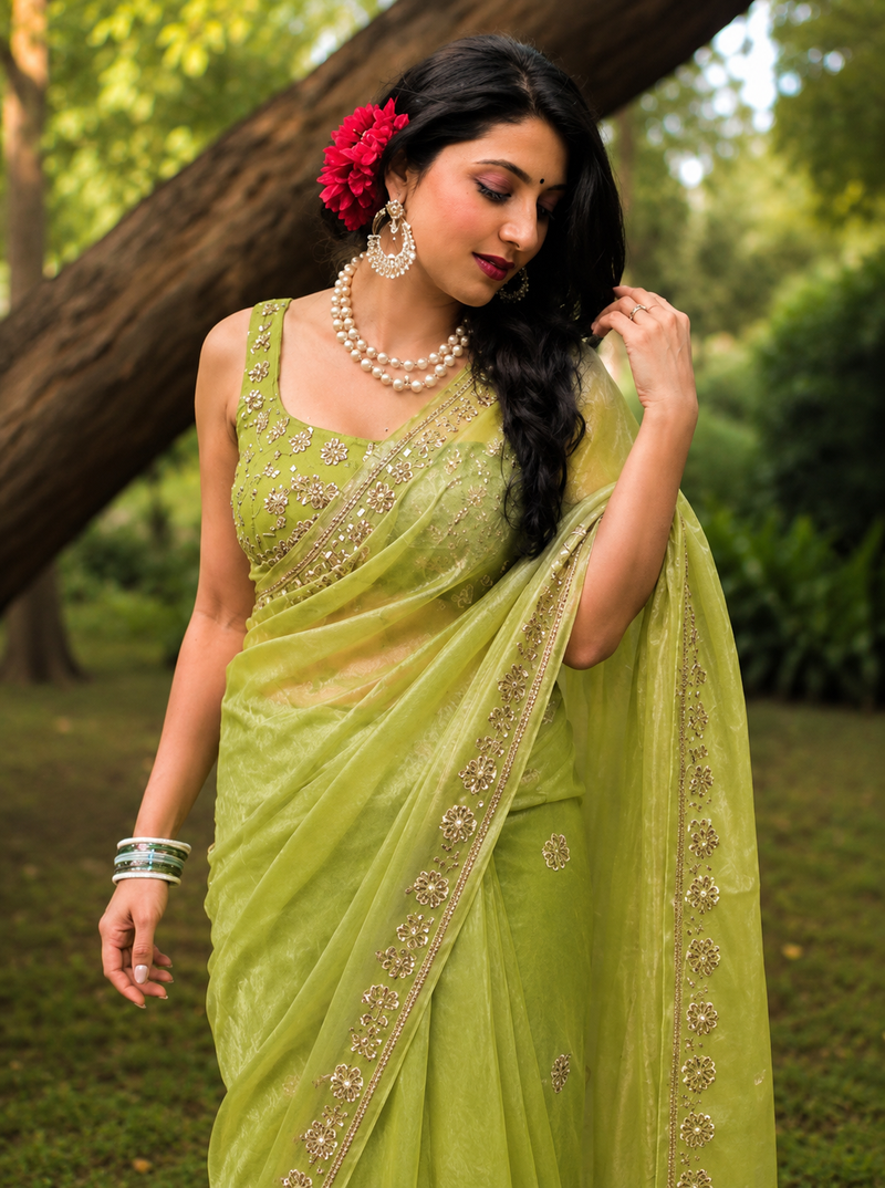 Premium Olive Green Soft Organza Sequence Work Saree