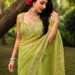 Premium Olive Green Soft Organza Sequence Work Saree