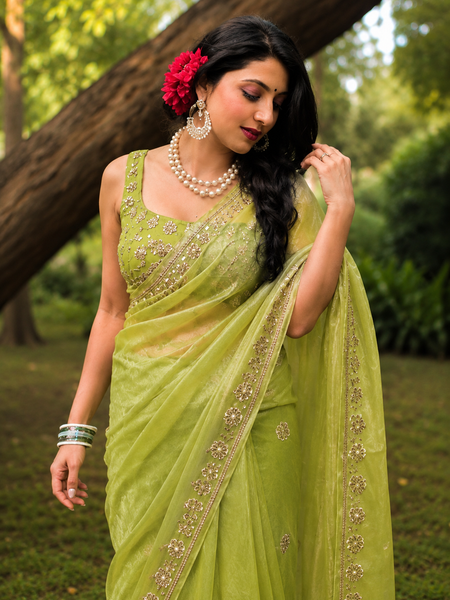 Premium Olive Green Soft Organza Sequence Work Saree