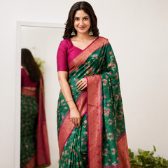 Emerald Green Lotus Print Moss Crepe Saree with Banarasi Border
