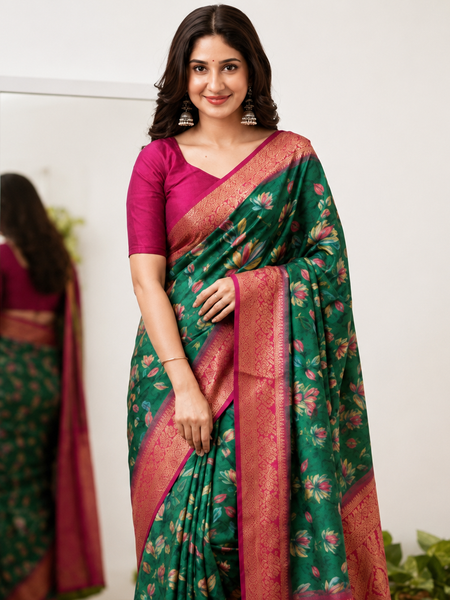 Emerald Green Lotus Print Moss Crepe Saree with Banarasi Border