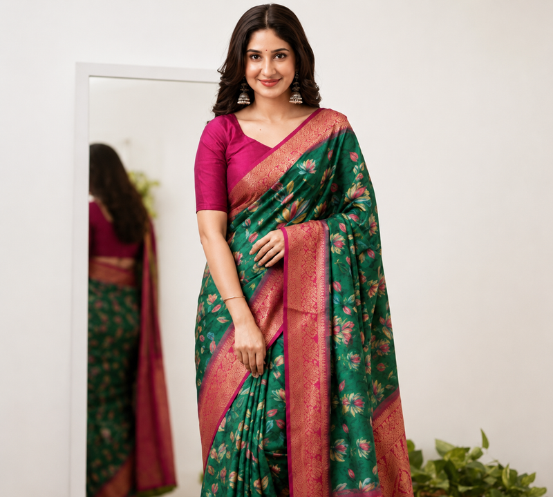 Emerald Green Lotus Print Moss Crepe Saree with Banarasi Border