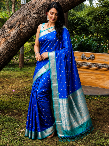 Royal Blue Silver Zari Soft Organza Saree