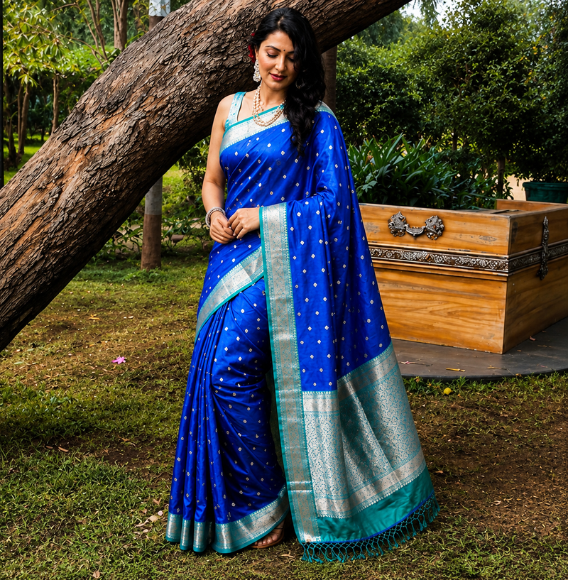 Royal Blue Silver Zari Soft Organza Saree