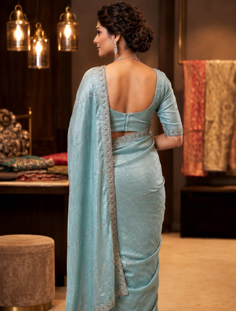 Powder Blue Soft Tissue Organza Designer Saree