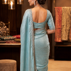 Powder Blue Soft Tissue Organza Designer Saree