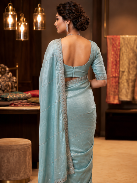 Powder Blue Soft Tissue Organza Designer Saree