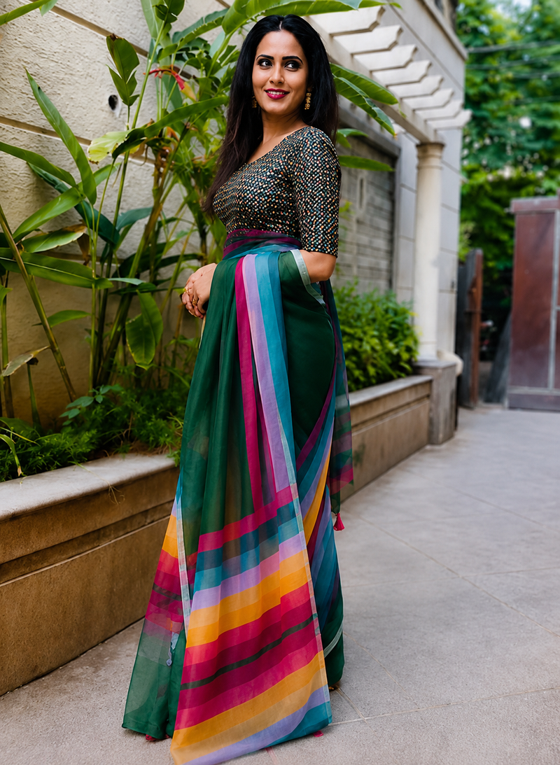 Bottle Green Cotton Saree with Multicolor Stripe Border