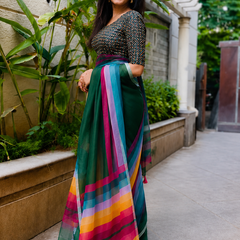 Bottle Green Cotton Saree with Multicolor Stripe Border