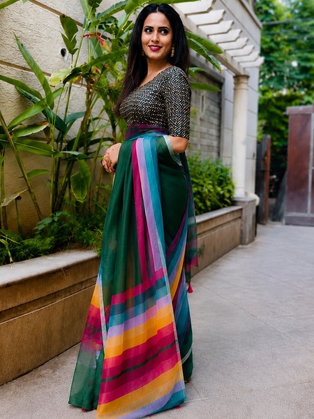 Bottle Green Cotton Saree with Multicolor Stripe Border
