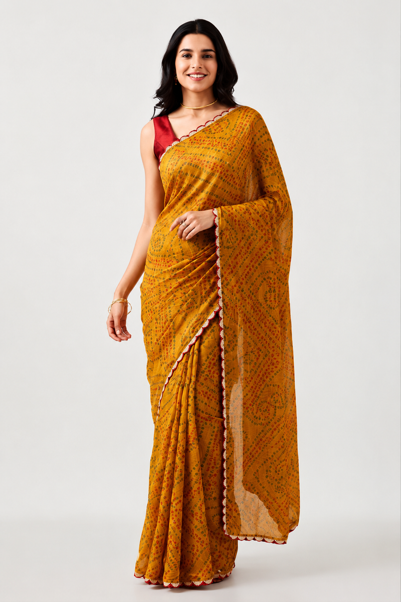 Mustard Yellow Bandhani Print Viscose Georgette Saree