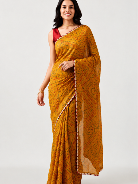 Mustard Yellow Bandhani Print Viscose Georgette Saree