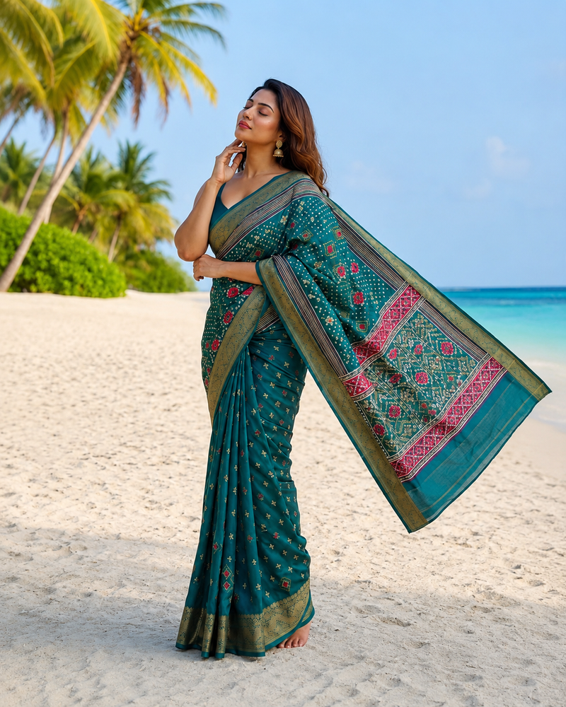 Teal Green Traditional Patola Design Art Silk Saree