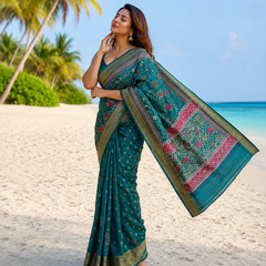 Teal Green Traditional Patola Design Art Silk Saree