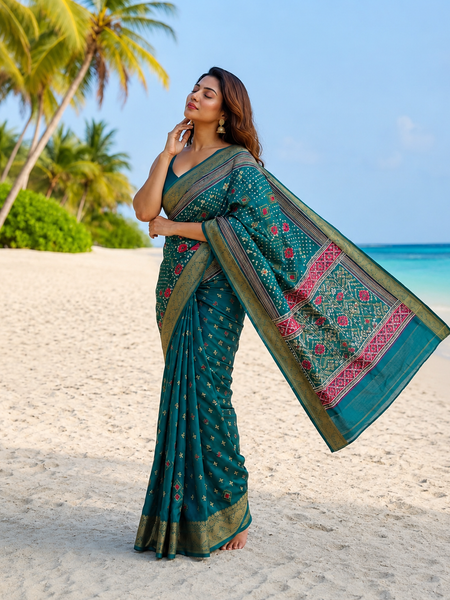 Teal Green Traditional Patola Design Art Silk Saree