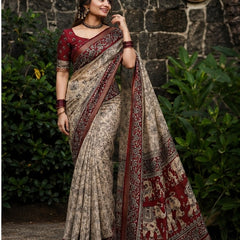 Royal Floral Kalamkari Printed Cotton Saree in Maroon & Beige
