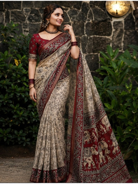 Royal Floral Kalamkari Printed Cotton Saree in Maroon & Beige