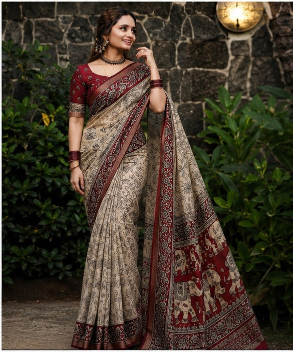 Royal Floral Kalamkari Printed Cotton Saree in Maroon & Beige