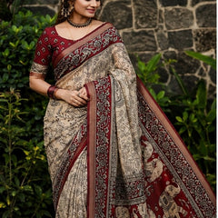 Royal Floral Kalamkari Printed Cotton Saree in Maroon & Beige