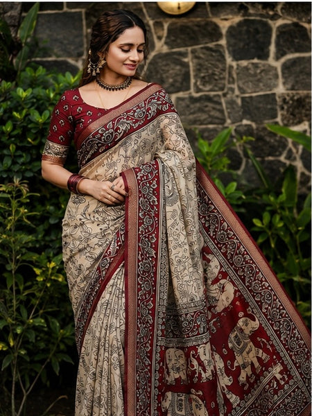 Royal Floral Kalamkari Printed Cotton Saree in Maroon & Beige