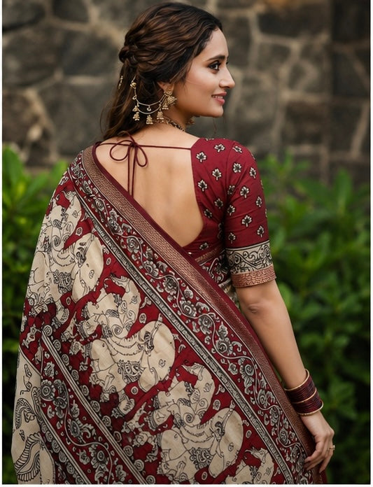 Royal Floral Kalamkari Printed Cotton Saree in Maroon & Beige