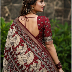 Royal Floral Kalamkari Printed Cotton Saree in Maroon & Beige